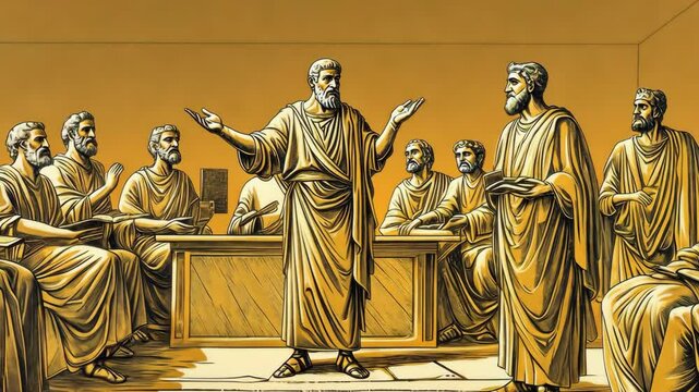 A group of men in ancient Roman attire gather around a table, listening intently as one man gives a speech