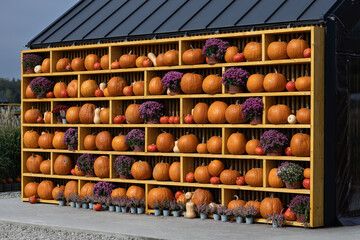 Large display of pumpkins and potted chrysanthemums arranged on wooden shelves against a rustic building