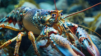Close-up of a vibrant blue and yellow lobster with its claws extended