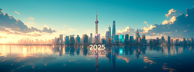 Obraz premium 3D text “2025” on background sea and sunset sky and cityscape. New Year Theme. 