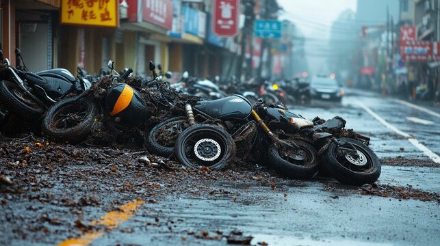 Street sweeper sideswipes a row of parked motorcycles, toppling them like dominoes