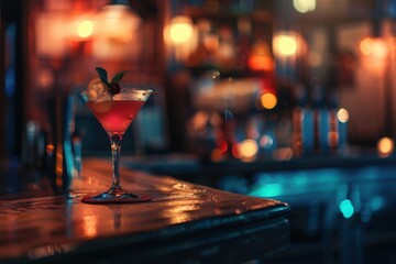 A martini glass with a cherry on top sits on a bar counter, generative ai image