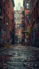 Fototapeta premium Wet street with graffiti on it and a building in the background