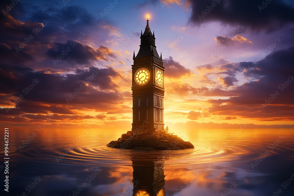 Poster an ancient clock tower on a floating island, bathed in soft golden light from a setting sun. the sky