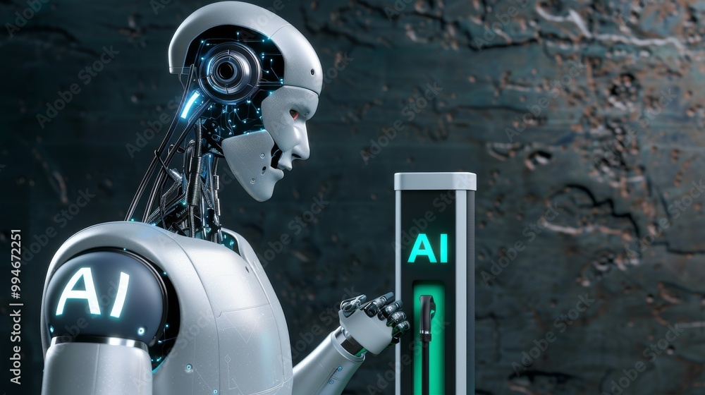 Aufkleber futuristic robot interacting with ai digital interface.