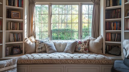 Cozy reading nook with built in bookshelves and a window seat