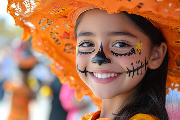 portrait of a mexican child with a flower in her hair on the day of the death mask