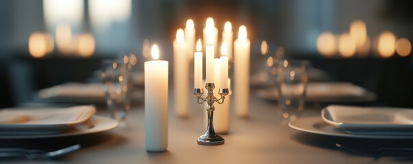 Hanukkah menorah on a beautifully set table, candlelight reflections, 3D illustration. decoration, festival, celebration.