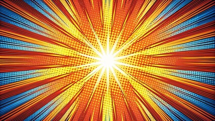 Fototapeta premium Comic book illustration with speed lines and halftone dots emanating from a red star