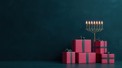 Pile of Hanukkah presents, glowing menorah in background, holiday vibe, 3D illustration