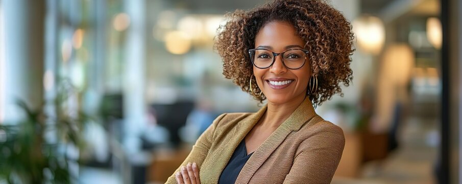 Confident businesswoman smiling in modern office environment, showcasing professionalism and approachability in her demeanor.