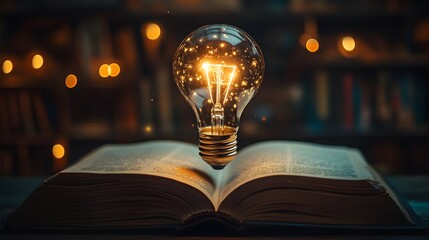 A transparent light bulb floating above an open book, emitting a soft glow, symbolizing the fusion of knowledge and creativity, set against a dark background