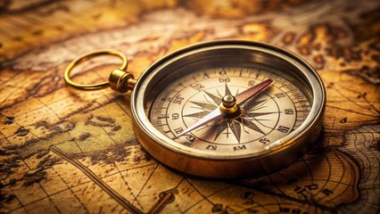 Golden navigational compass pointing north on an old map with warm lighting