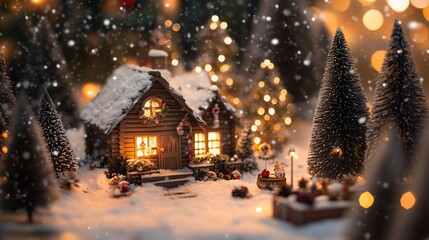 Fototapeta premium A cozy cabin glows warmly, with snow, a fireplace, treats, and a twinkling Christmas tree.