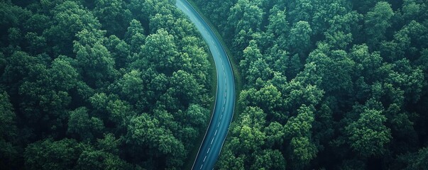 Aerial view of a winding road surrounded by lush green forest, creating a serene and picturesque landscape.