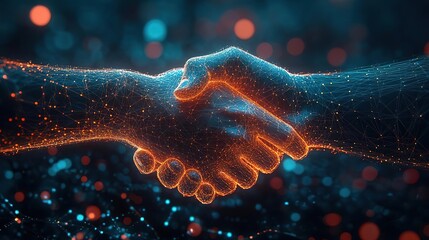 A futuristic handshake symbolizing partnership and collaboration in the digital age, surrounded by glowing particles and network connections.