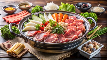 A beautifully arranged hot pot meal with fresh vegetables, meats, and sauces on a rustic wooden table, showcasing a variety of ingredients for a delicious dining experience.