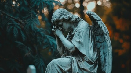 Obraz premium Melancholy angel statue in serene forest setting, symbolizing sadness and reflection