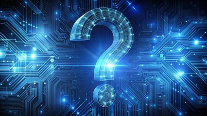 Glowing blue question mark hologram is hovering over a futuristic circuit board