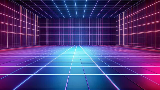 Futuristic neon grid room with glowing lines, showcasing retro 80s cyber aesthetic, digital technology, and virtual space concepts.

