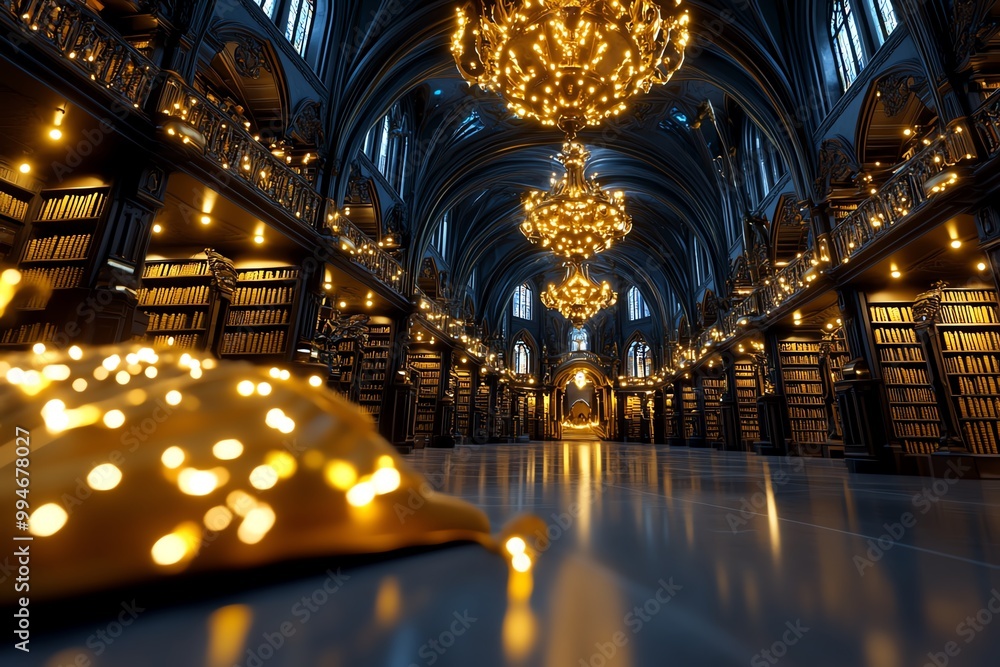 Poster an enchanted library in a grand castle, with golden chandeliers and books that light up as they are 