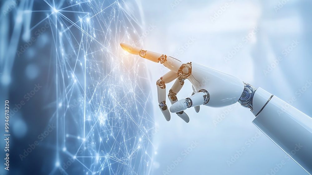 Poster human hand with robot label touching a robot, symbolizing unity
