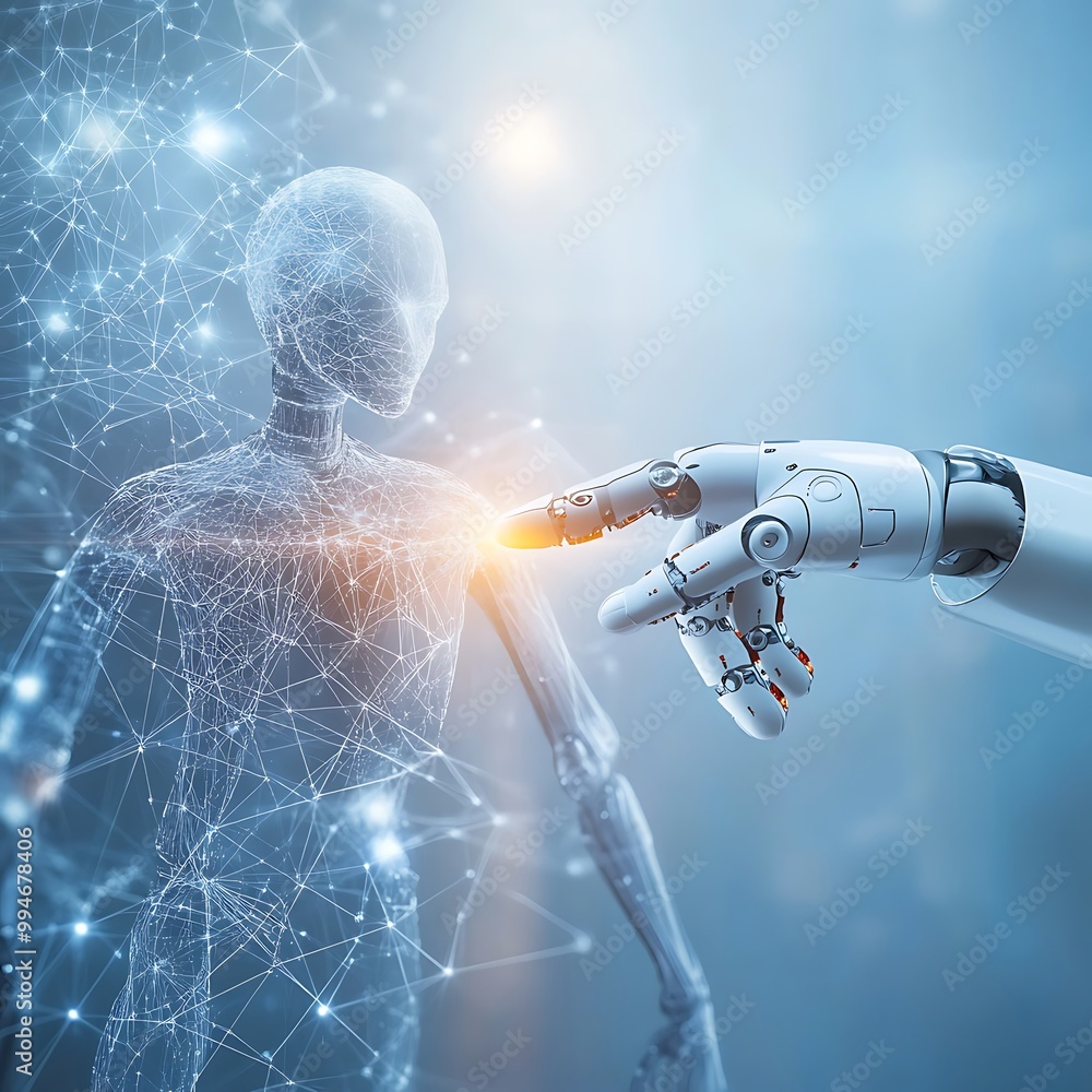 Poster hand stamped robot making contact with a robot in technology scene