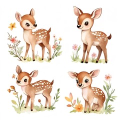 set of baby deer in the spring meadow illustration