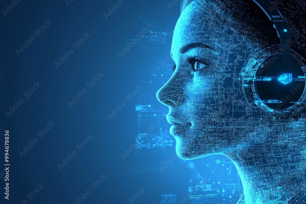 Poster digital woman in profile with headphones made of data particles symbolizing ai virtual reality and f