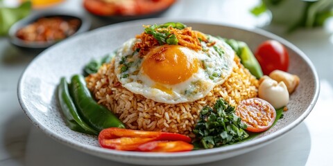 Fried Rice with Fried Egg, Green Chilies, and Tomatoes