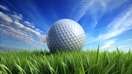 White golf ball sitting on lush green grass with a partly cloudy blue sky in the background