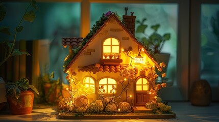 Obraz premium Cozy Cottage with Fairy Lights
