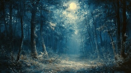 Obraz premium Enchanted Moonlit Forest Clearing with Silvery Light and Mystic Blue Tones