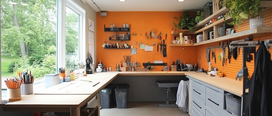 Uncluttered craft room with pegboard wall storage and a large work table