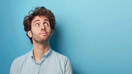 Obraz premium Thoughtful Young Man Looking Up Against Blue Background - Concept of Daydreaming and Ideas