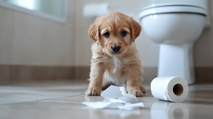 Mischievous puppy unrolling a toilet paper roll in the bathroom