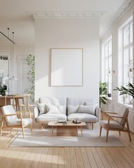 Fototapeta premium A minimalist Scandinavian living room with neutral furniture, wood accents, and a small framed plain white canvas. Natural light enhances the simplicity of the design.