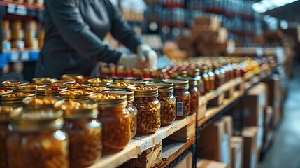 Obraz premium Jars of honey on wooden shelves in a warehouse