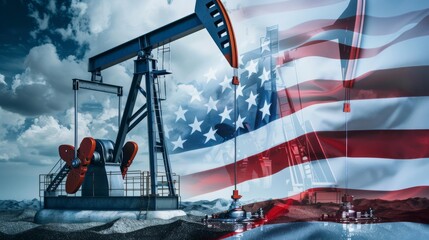 Oil pump jack against the backdrop of an American flag.