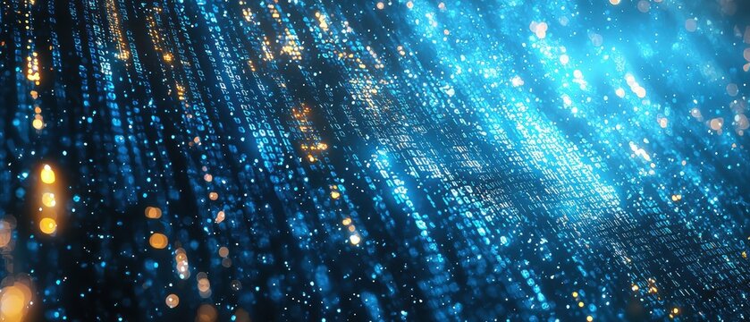 Luminous azure-tinted binary code backdrop with a glittering futuristic cyberpunk aesthetic for web banner copy space