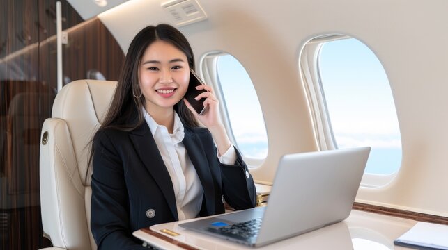 Professional businesswoman working in private jet office