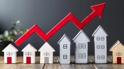Real estate market growth with model houses and upward graph.