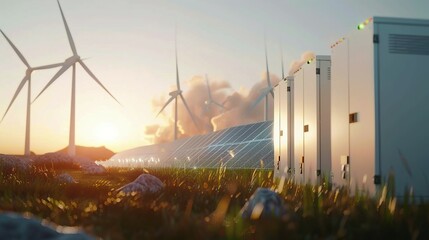 A Field of Solar Panels and Wind Turbines at Sunset