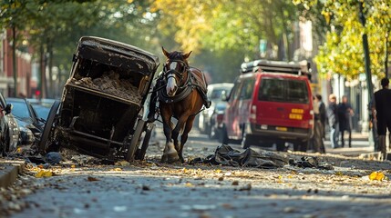 Obraz premium Runaway horse drawn carriage collides with a parked vehicle in a tourist area