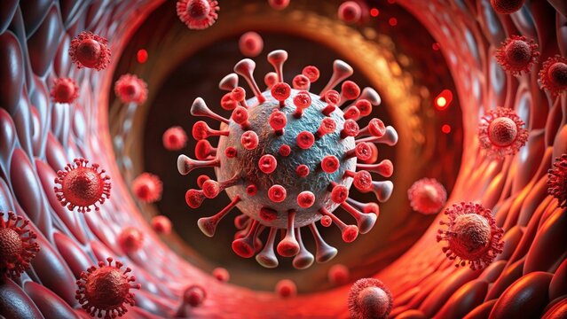 Microscopic view of coronavirus covid 19 virus cells flowing through a vein in the human body