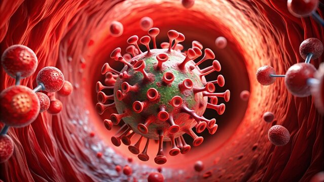 Microscopic view of coronavirus covid 19 virus cells flowing through a vein in the human body
