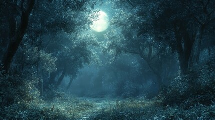 Moonlit forest clearing, silvery light filtering through shadowy trees, illuminating a mystical glade with subtle blue tones