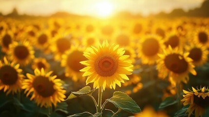 Obraz premium Dreamy field of sunflowers, endless rows of tall stalks topped with cheerful yellow blooms all facing the setting sun
