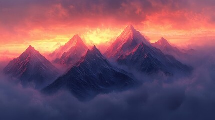 Fototapeta premium Misty mountain peaks at dawn, jagged silhouettes emerging from swirling fog, tinged with soft pink and orange hues