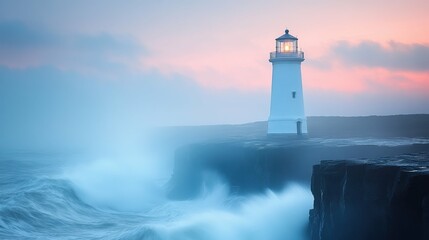 Obraz premium Tranquil coastal lighthouse scene a solitary white tower standing guard over rocky cliffs and crashing waves, under a pastel sky